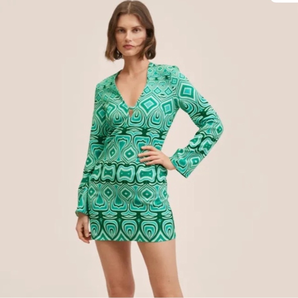 Mango Retro Geometric Patterned Mini Dress, Size 4 Green